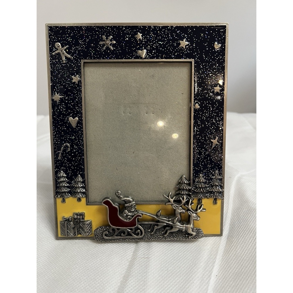 Christmas Photo‎ Frame 3D Enamel Santa Sleigh Reindeer Picture Holiday Metal Vtg